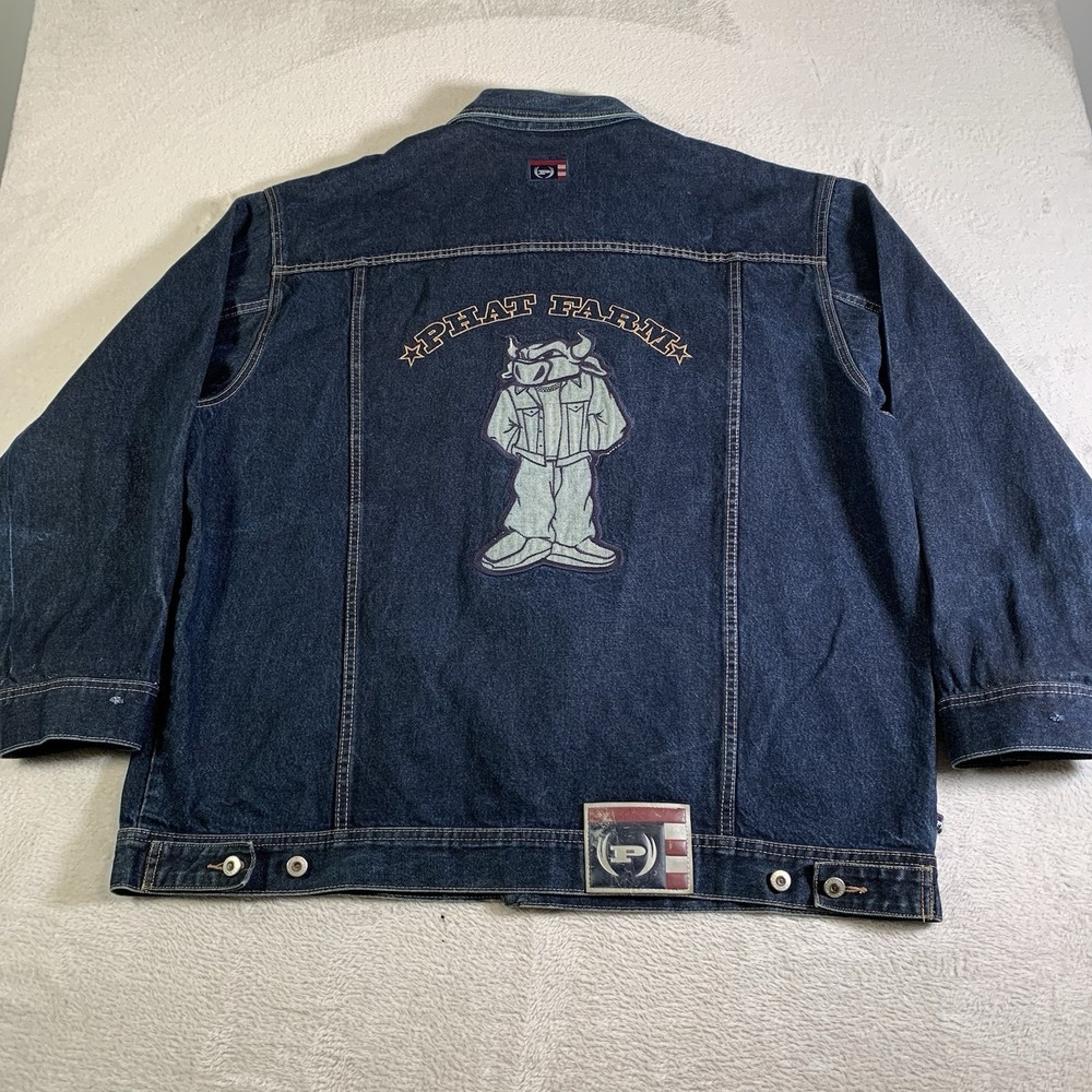 Phat Farm Jacket Mens 3XL Blue Denim Trucker Skater Hip Hop Rap Bull Vintage 90s